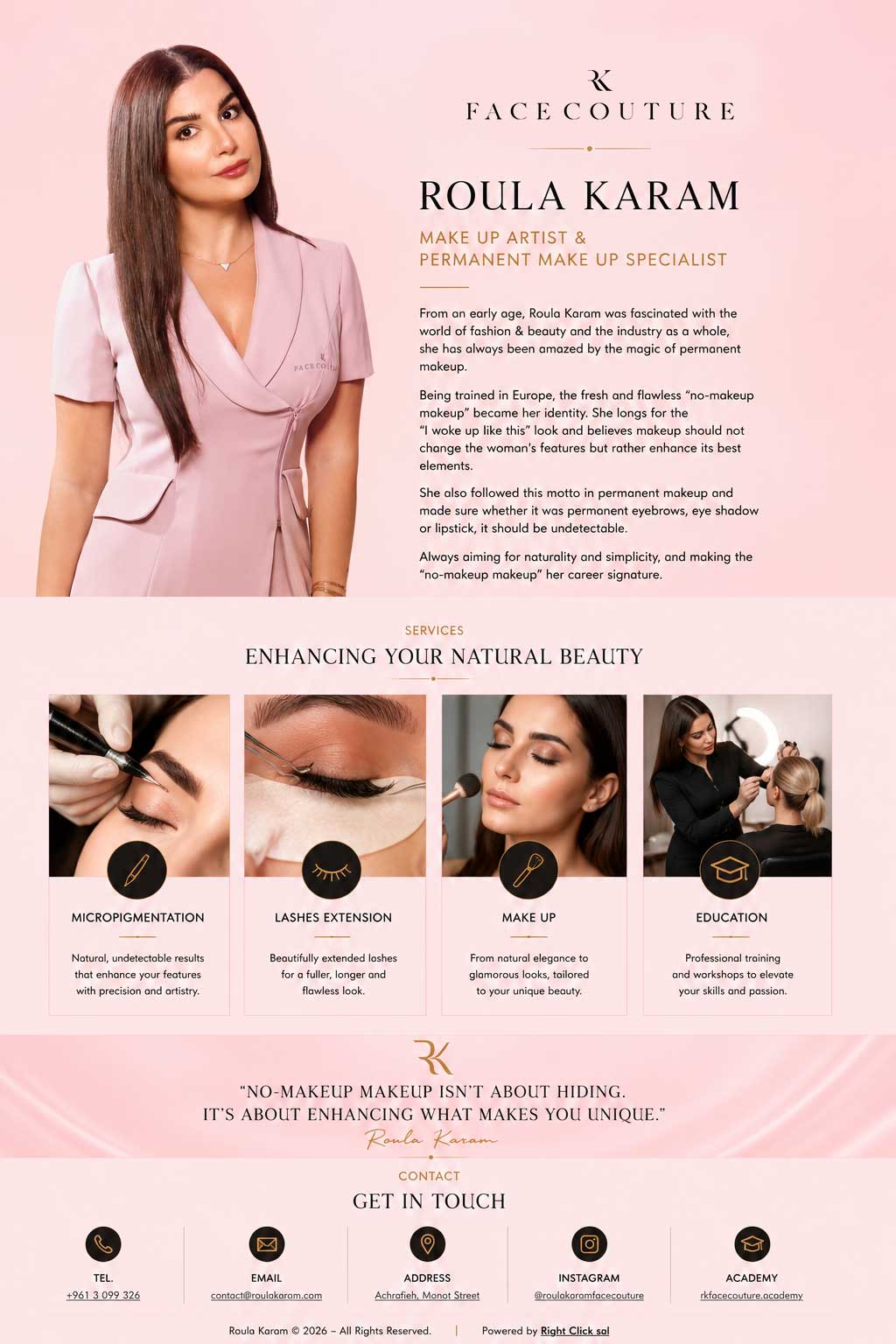 Roula Karam Face Couture – Make Up Artist & Permanent Make Up Specialist, Achrafieh Beirut Lebanon. Services: Micropigmentation, Lashes Extension, Make Up, Education.